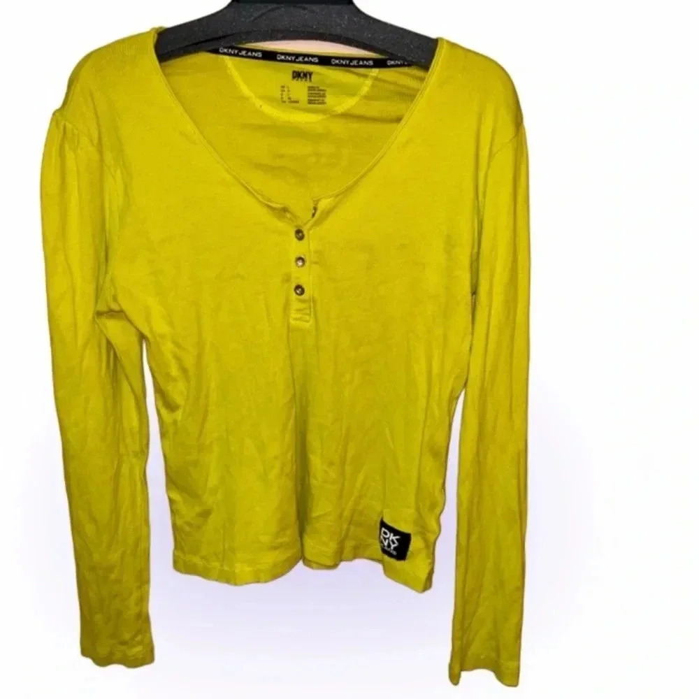 DKNY jeans Neon Lemon green long sleeve knit V-neck top Sz L